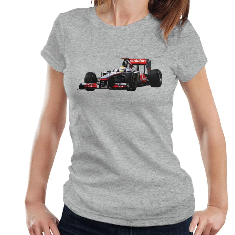 Motorsport Images Hamilton McLaren MP4 26 Leads Vettel Women's T-Shirt-- Zippered Front Buttoned Front Snap Front Motorsport Images Hamilton McLaren MP4 26 Leads Vettel Women's T-Shirt-- Zippered Front Buttoned Front Snap Front