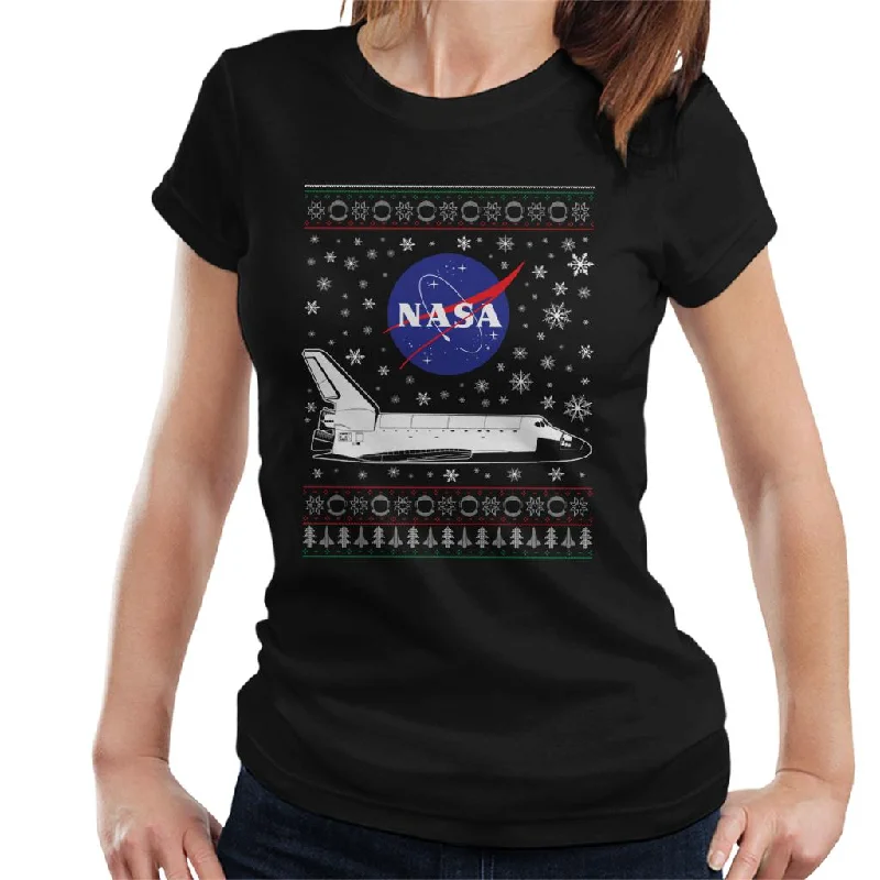 NASA Logo And Shuttle Christmas Knit Pattern Women's T-Shirt-- Lace Blend Ribbed Blend Corduroy Blend NASA Logo And Shuttle Christmas Knit Pattern Women's T-Shirt-- Lace Blend Ribbed Blend Corduroy Blend