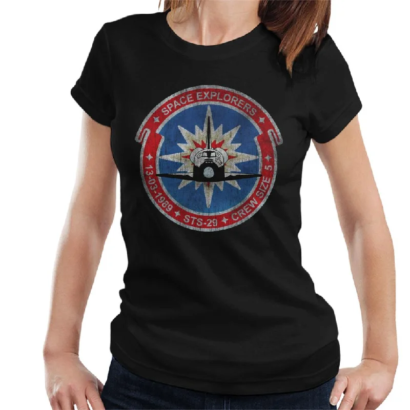 NASA STS 29 Discovery Mission Badge Distressed Women's T-Shirt-- Lace Blend Ribbed Blend Corduroy Blend NASA STS 29 Discovery Mission Badge Distressed Women's T-Shirt-- Lace Blend Ribbed Blend Corduroy Blend