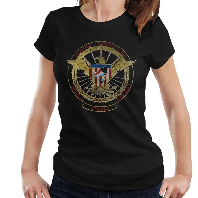 NASA STS 51 C Discovery Mission Badge Distressed Women's T-Shirt-- Hooded Caped Shawl Collar NASA STS 51 C Discovery Mission Badge Distressed Women's T-Shirt-- Hooded Caped Shawl Collar