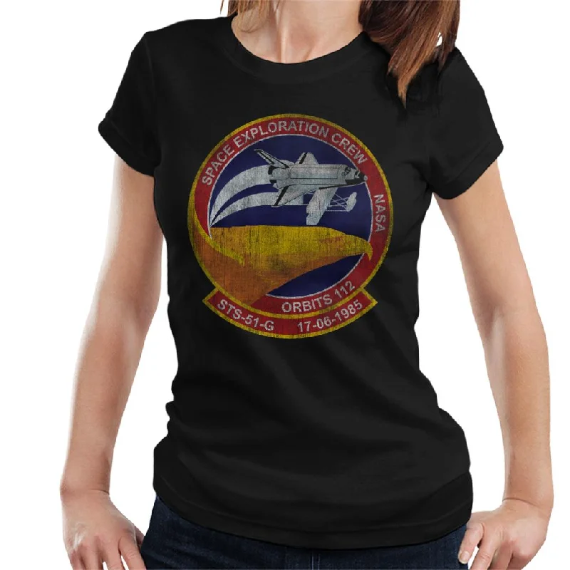 NASA STS 51 G Discovery Mission Badge Distressed Women's T-Shirt-- Print Jacquard Patchwork NASA STS 51 G Discovery Mission Badge Distressed Women's T-Shirt-- Print Jacquard Patchwork