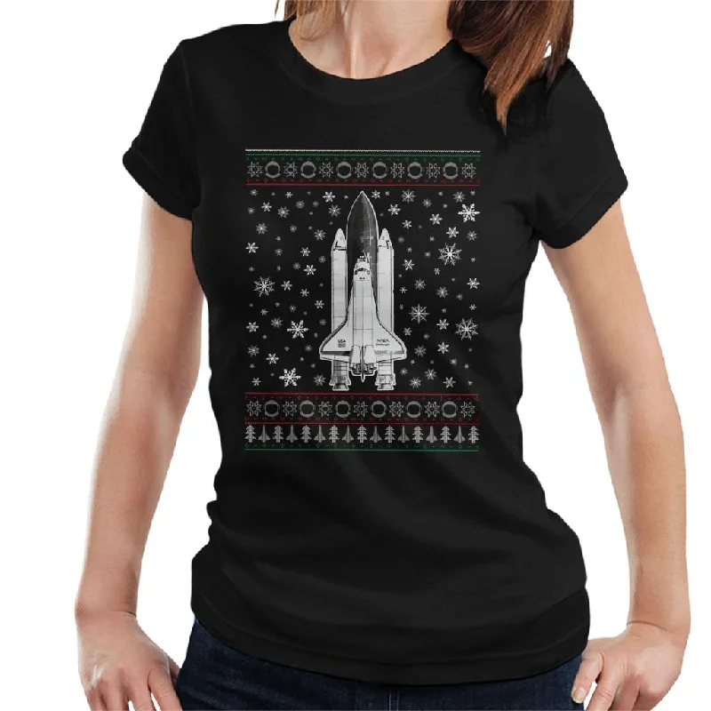 NASA Challenger Shuttle Christmas Knit Pattern Women's T-Shirt-- Collared Crew Neck Turtle Neck NASA Challenger Shuttle Christmas Knit Pattern Women's T-Shirt-- Collared Crew Neck Turtle Neck