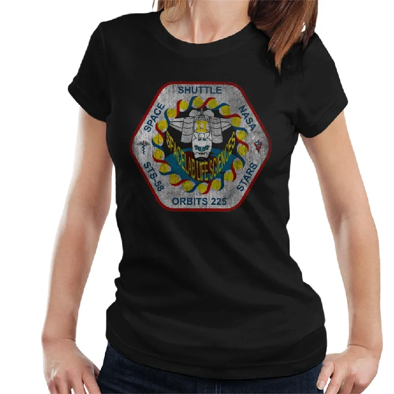 NASA STS 58 Columbia Mission Badge Distressed Women's T-Shirt-- Mesh Blend Leather Blend Suede Blend NASA STS 58 Columbia Mission Badge Distressed Women's T-Shirt-- Mesh Blend Leather Blend Suede Blend