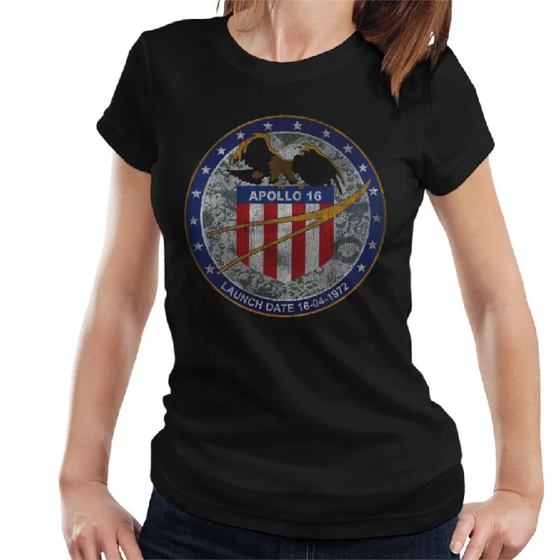 NASA Apollo 16 Mission Badge Distressed Women's T-Shirt-- Satin Fabric Silk Fabric Chiffon Fabric NASA Apollo 16 Mission Badge Distressed Women's T-Shirt-- Satin Fabric Silk Fabric Chiffon Fabric