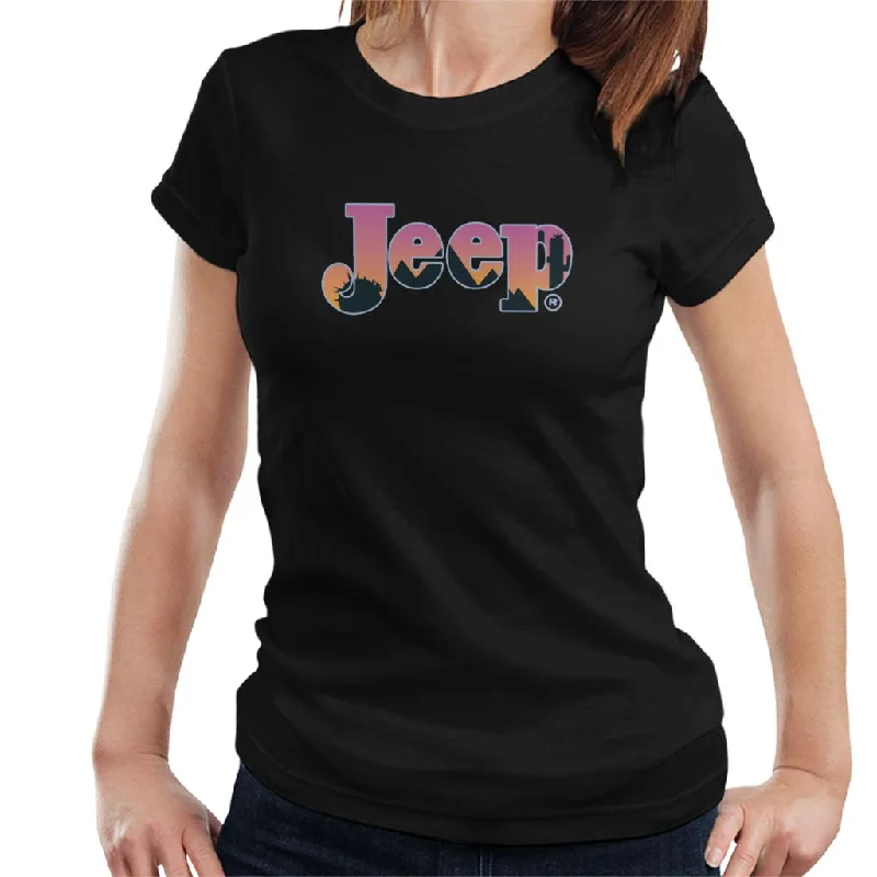 Jeep Desert Sunset Silhouette Logo Women's T-Shirt-- Striped Floral Plaid