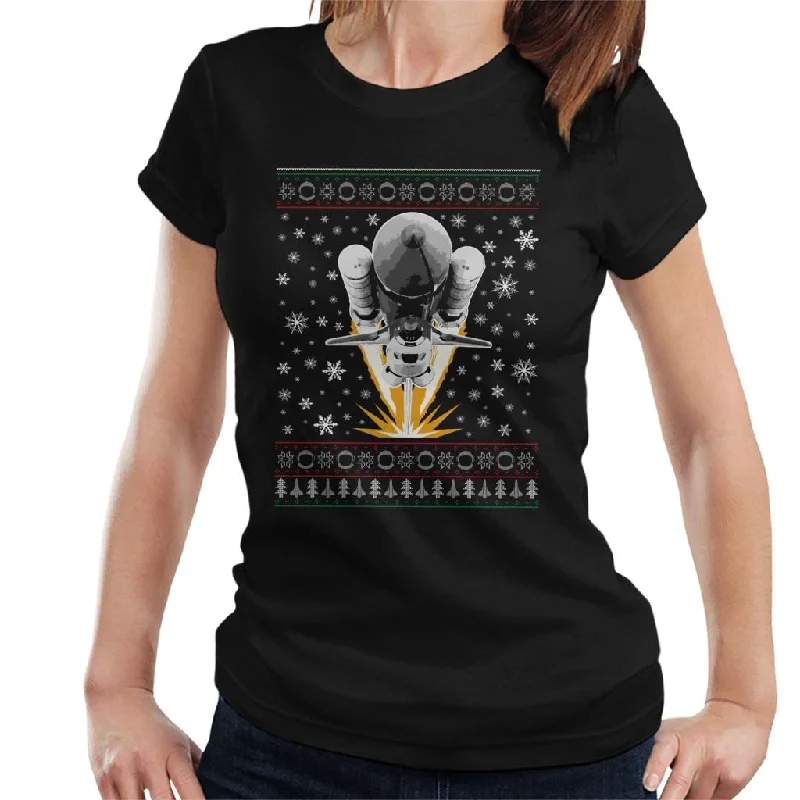 NASA Shuttle Launch Christmas Knit Pattern Women's T-Shirt-- Striped Floral Plaid