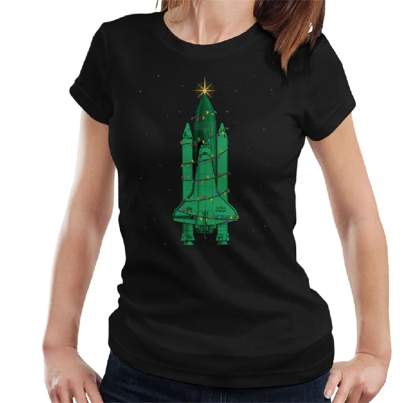 NASA Challenger Shuttle Christmas Tree Women's T-Shirt-- Notch Collar Peter Pan Collar Cowl Neck NASA Challenger Shuttle Christmas Tree Women's T-Shirt-- Notch Collar Peter Pan Collar Cowl Neck