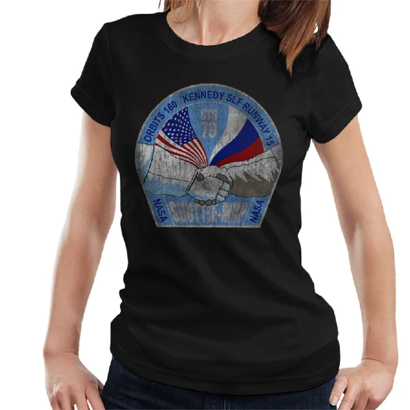 NASA STS 79 Atlantis Mission Badge Distressed Women's T-Shirt-- Silk Blend Satin Velvet NASA STS 79 Atlantis Mission Badge Distressed Women's T-Shirt-- Silk Blend Satin Velvet