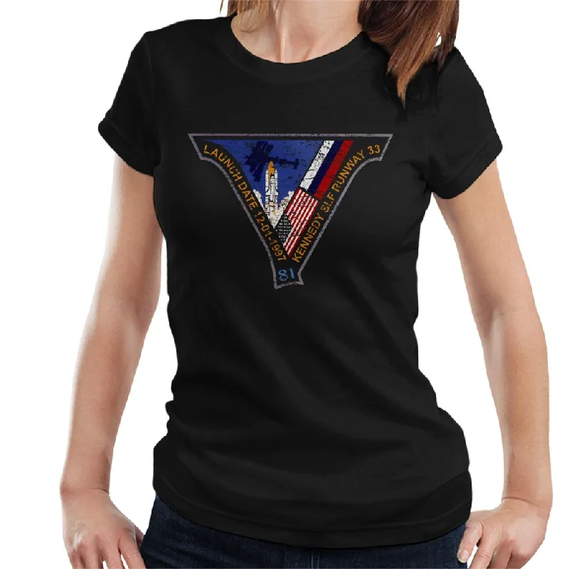 NASA STS 81 Atlantis Mission Badge Distressed Women's T-Shirt-- Real Fur Shearling Chenille NASA STS 81 Atlantis Mission Badge Distressed Women's T-Shirt-- Real Fur Shearling Chenille
