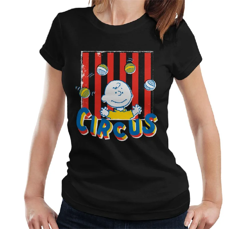 Peanuts Circus Juggling Charlie Brown Women's T-Shirt-- Solid Print Embellished