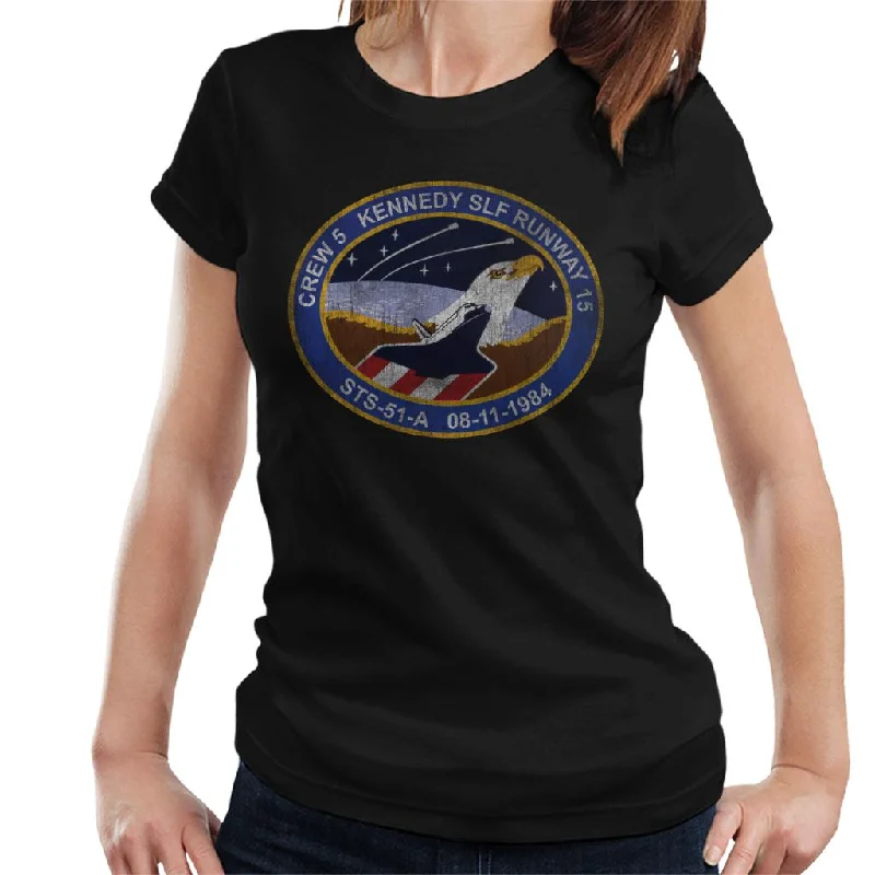 NASA STS 51 A Discovery Mission Badge Distressed Women's T-Shirt-- Notch Collar Peter Pan Collar Cowl Neck