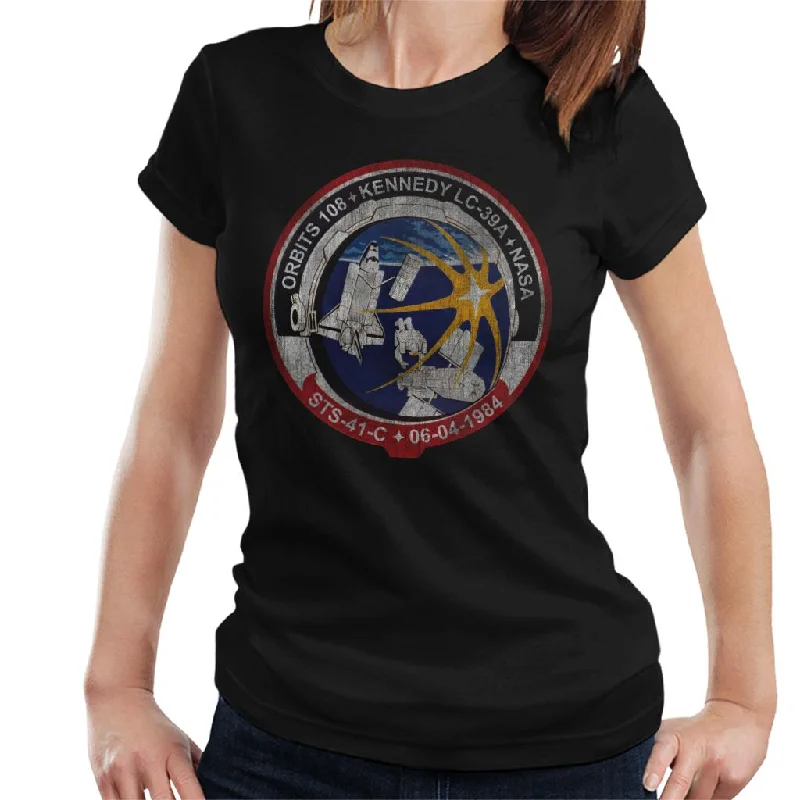 NASA STS 41 C Challenger Mission Badge Distressed Women's T-Shirt-- Zippered Front Buttoned Front Snap Front