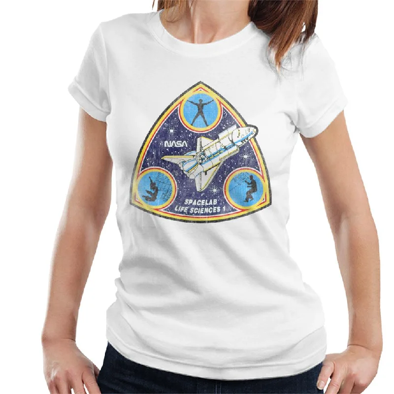 NASA Spacelab Life Sciences 1 Mission Badge Distressed Women's T-Shirt-- Seamless Knitted Crochet NASA Spacelab Life Sciences 1 Mission Badge Distressed Women's T-Shirt-- Seamless Knitted Crochet