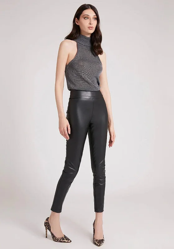 Guess Womens Faux Leather Leggings, Black Elegant Printed Leggings with Pockets