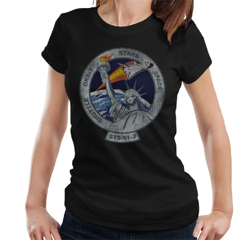 NASA STS 51 J Atlantis Mission Badge Distressed Women's T-Shirt-- Houndstooth Herringbone Solid NASA STS 51 J Atlantis Mission Badge Distressed Women's T-Shirt-- Houndstooth Herringbone Solid