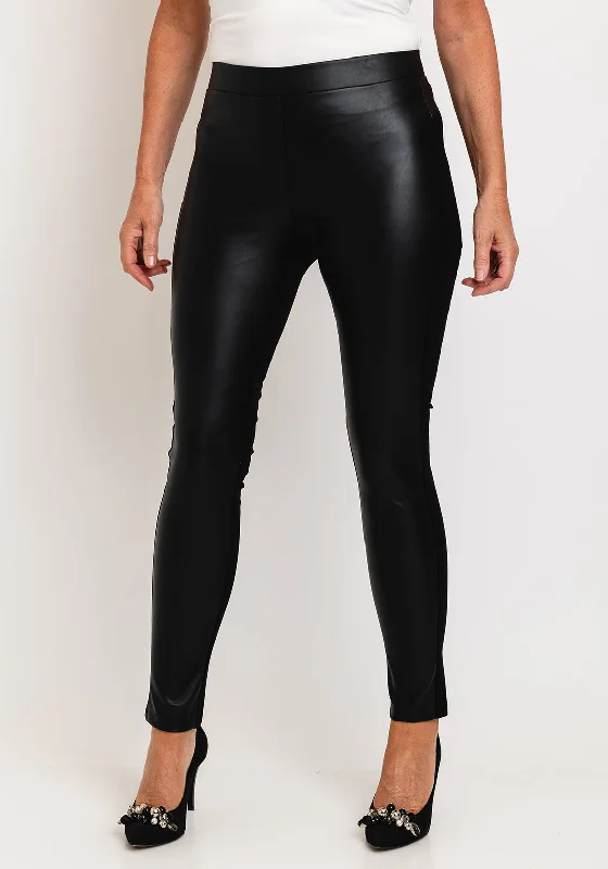 Naya Faux Leather Front Leggings, Black Fashionable Embroidered Detail Leggings
