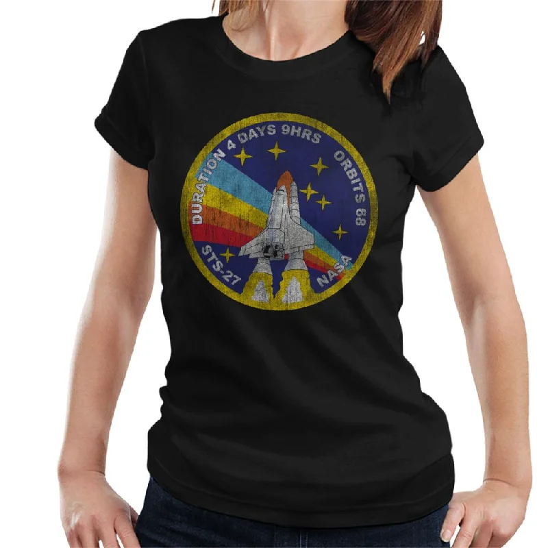 NASA STS 27 Atlantis Mission Badge Distressed Women's T-Shirt-- Striped Floral Plaid NASA STS 27 Atlantis Mission Badge Distressed Women's T-Shirt-- Striped Floral Plaid