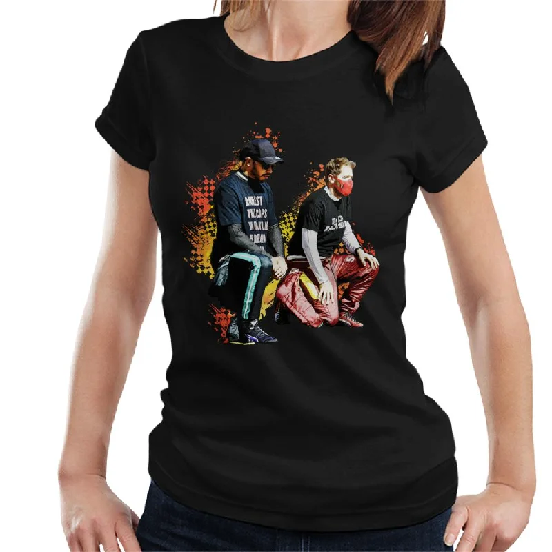 Motorsport Images Lewis Hamilton And Sebastian Vettel Kneeling Women's T-Shirt-- Satin Blend Silk Blend Wool Blend Motorsport Images Lewis Hamilton And Sebastian Vettel Kneeling Women's T-Shirt-- Satin Blend Silk Blend Wool Blend
