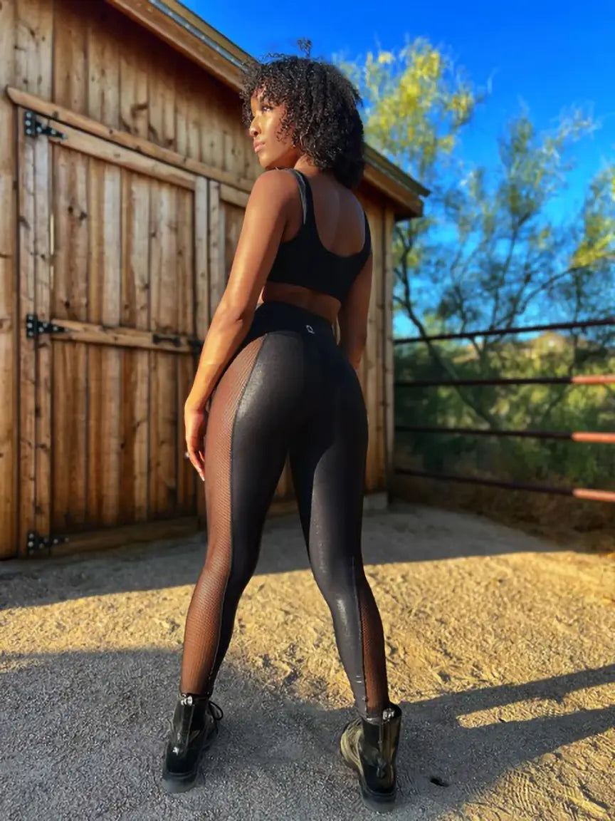 DDD SIDE MESH FAUX LEATHER LEGGINGS Stylish Stretch-Waist Leggings