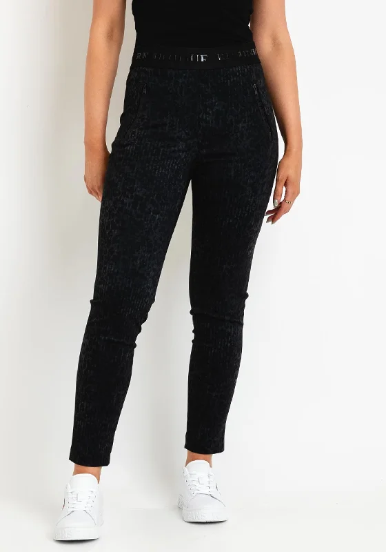 Robell Nelly Subtle Leopard Print Leggings, Black Trendy Faux Suede Leggings