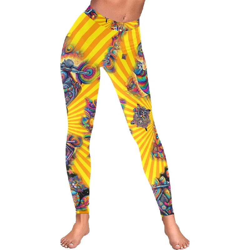 "Psychedelic Cats on Motorcycles" Low-Rise Leggings Stylish Faux Leather Leggings