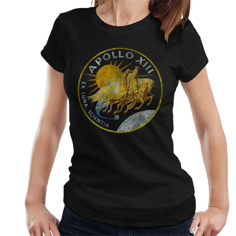 NASA Apollo 13 Mission Badge Distressed Women's T-Shirt-- Beaded Sequined Faux Fur