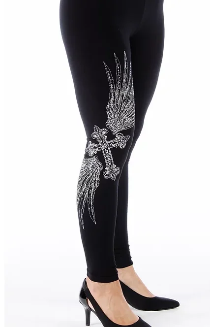 Liberty Wear Collection Leggings: Rhinestone Cross & Wings Comfortable Cold Weather Leggings