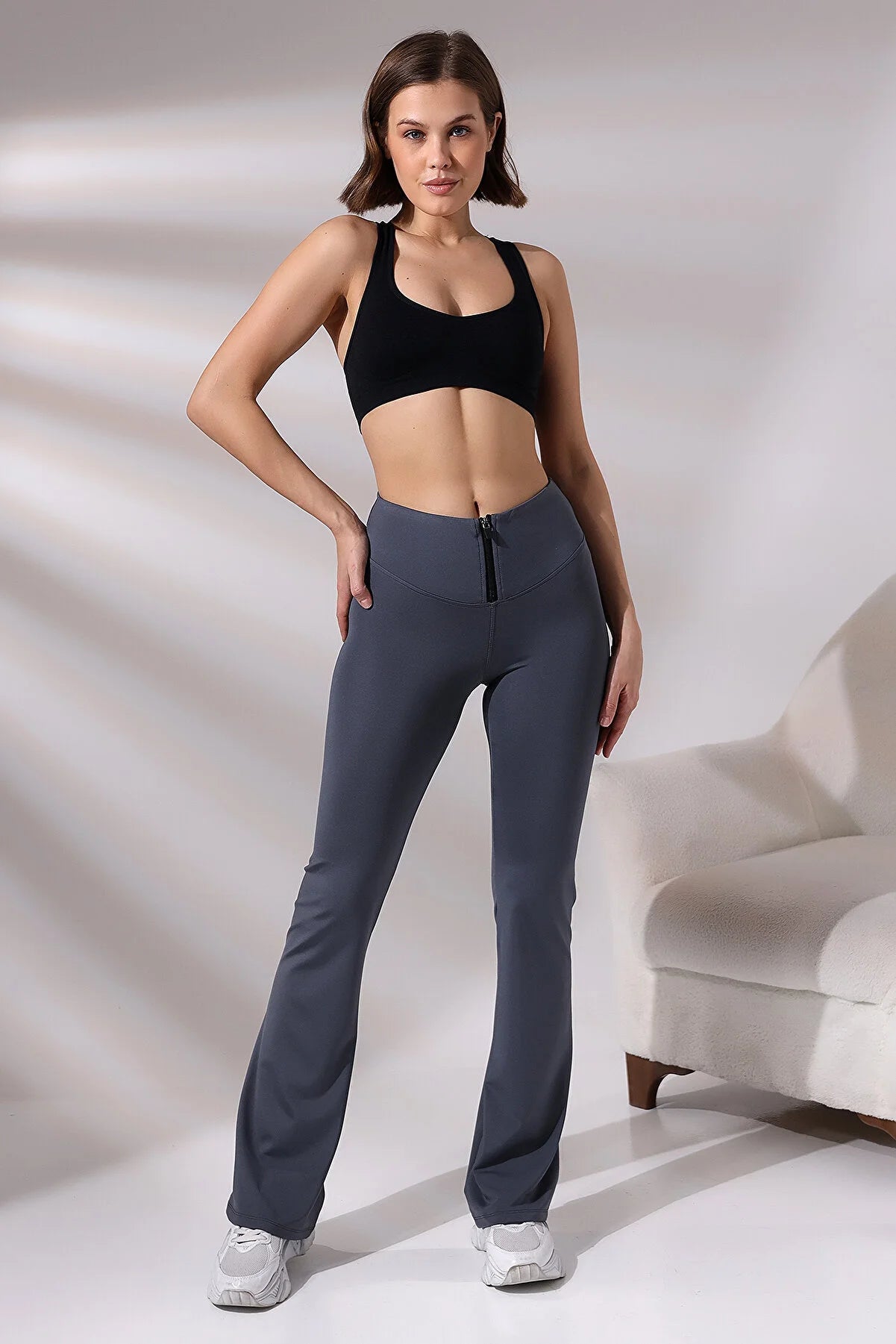 Emfure Women's Grey Zippered Spanish Leggings Fashionable Lacy Detail Leggings