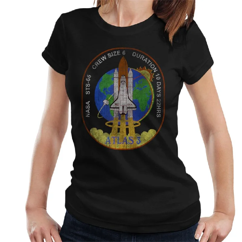 NASA STS 66 Atlantis Mission Badge Distressed Women's T-Shirt-- Spandex Blend Rayon Blend Denim Blend NASA STS 66 Atlantis Mission Badge Distressed Women's T-Shirt-- Spandex Blend Rayon Blend Denim Blend