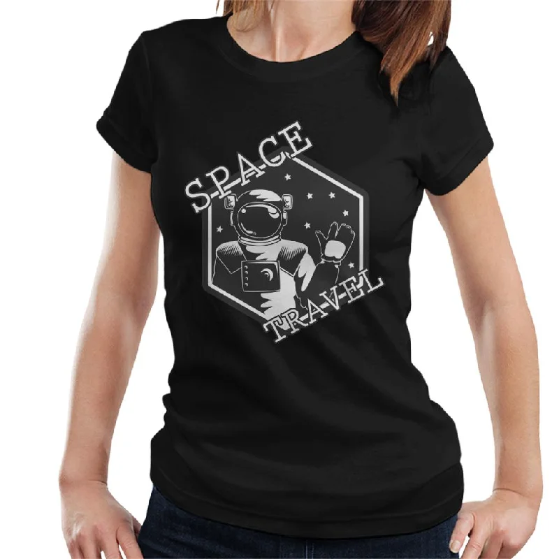 NASA Space Travel Astronaut Waving Women's T-Shirt-- Striped Floral Plaid