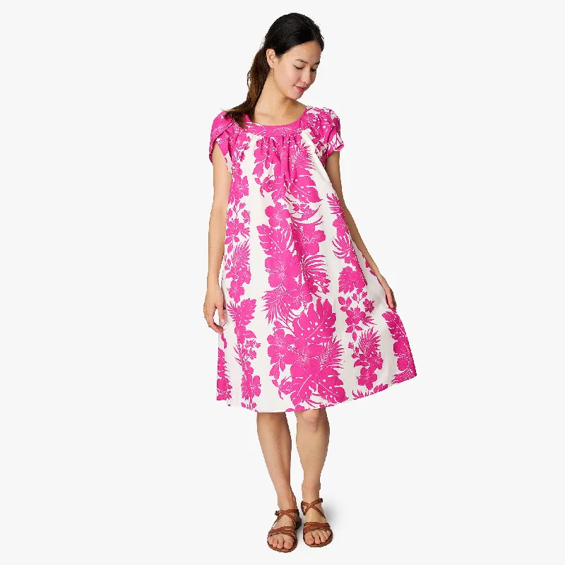 Hibiscus Palm Panel Tulip Sleeve Dress Tunics Silk luxurious