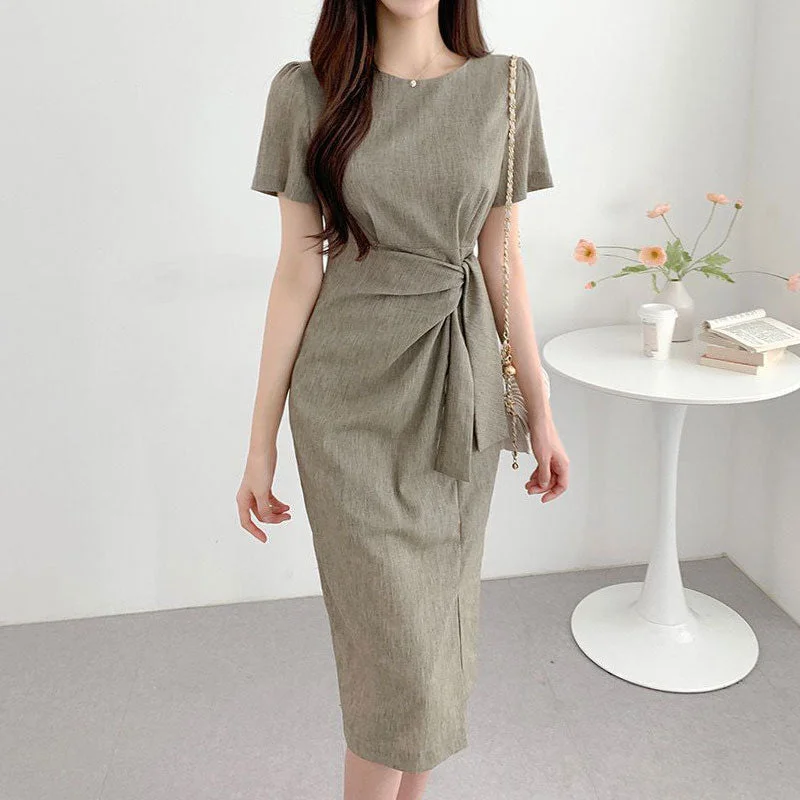 Retro Niche Round Neck Twist Tie Waist Ladies Dress Tunics Chic fashionable