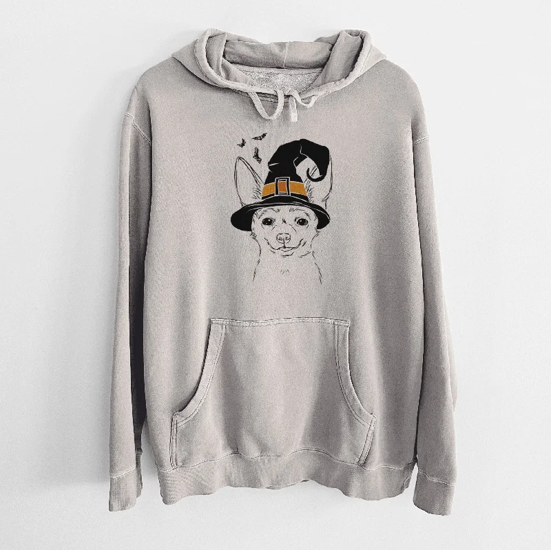 Witch Amos the Chihuahua - Unisex Pigment Dyed Hoodie Hoodie with Bell Sleeves Flared Feminine Witch Amos the Chihuahua - Unisex Pigment Dyed Hoodie Hoodie with Bell Sleeves Flared Feminine