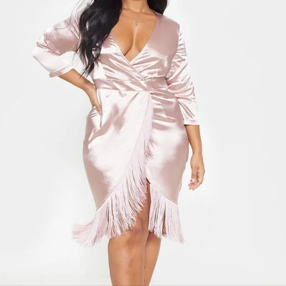 Sexy Pink Satin Fringe Dress Tunics Solid Classic