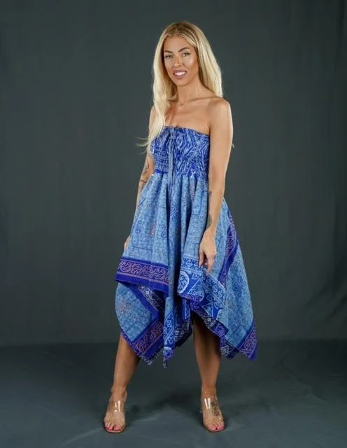 Boho Festival Silk Blue Strapless Dress Convertible to Skirt Off-the-shoulder Chic Trendy Boho Festival Silk Blue Strapless Dress Convertible to Skirt Off-the-shoulder Chic Trendy