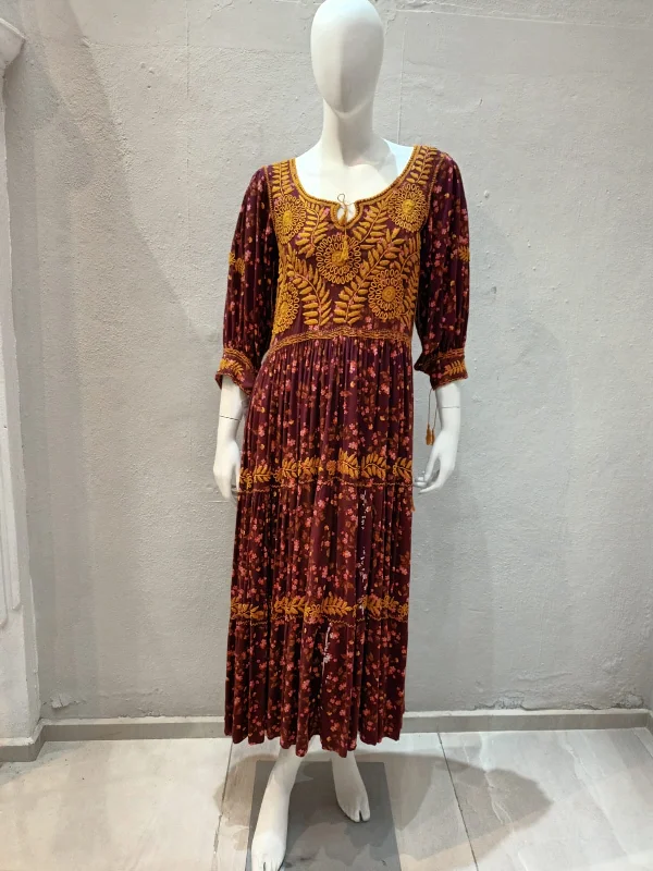 Embroidered Aguacatenango Dress with Burgundy Flights Tunics Handmade artisanal