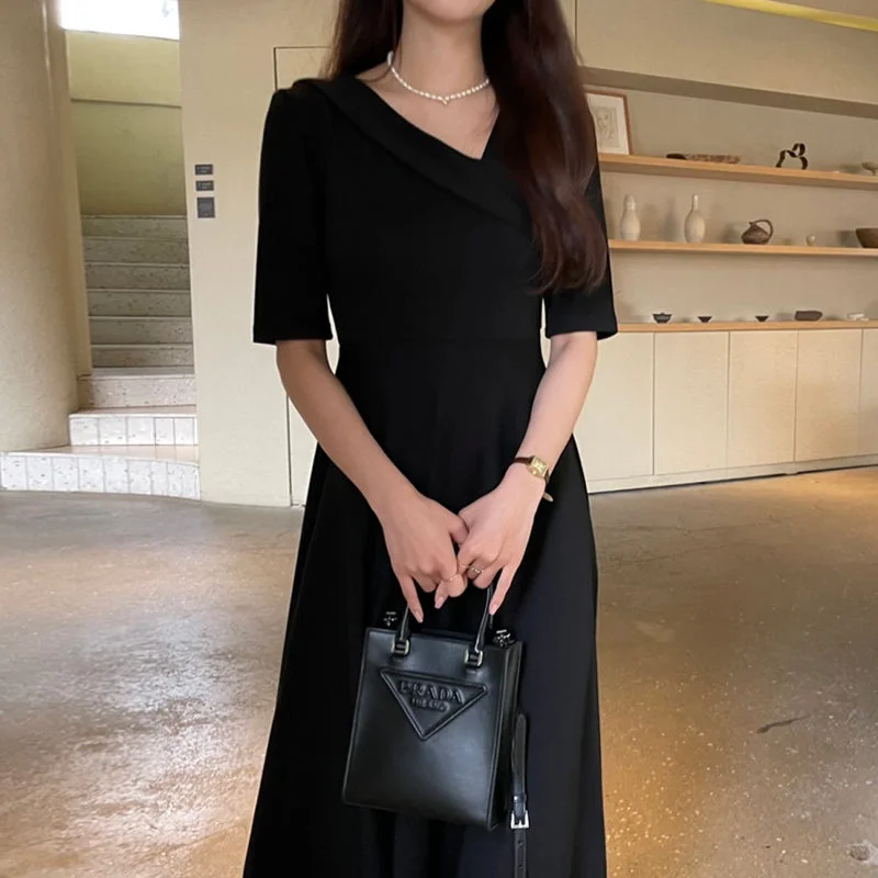 Ladies Temperament Irregular Neckline Clavicle Waist Dress Tunics Chinos classic