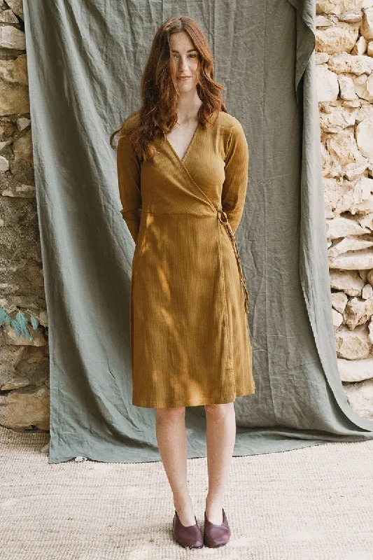 Janette Crossover Dress Mustard sweetheart Neckline Romantic