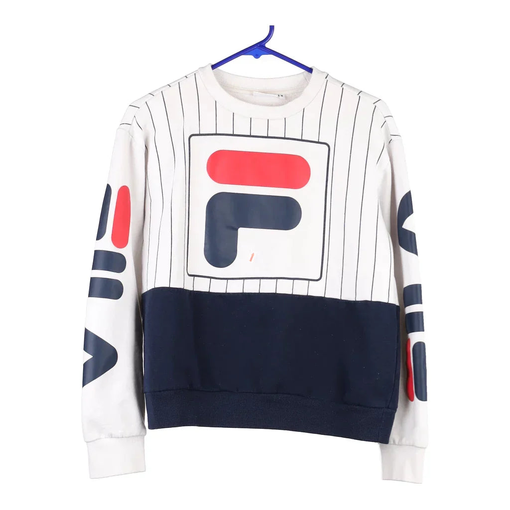 Fila Sweatshirt - Medium White Cotton Blend Hoodie with Hem Applique Textured Unique Fila Sweatshirt - Medium White Cotton Blend Hoodie with Hem Applique Textured Unique