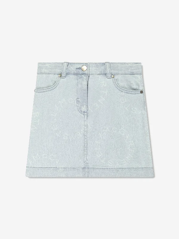 Stella McCartney Girls Denim Logo Skirt in Blue silk skirt lustrous