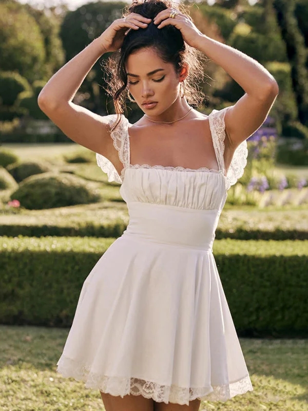 Lace Square Neck Slip Dress Slim Backless White French Dress Tunics Gym athletic