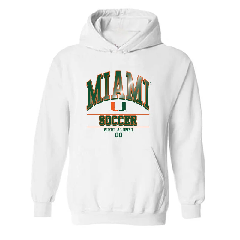 Miami - NCAA Women's Soccer : Vikki Alonzo - Classic Fashion Shersey Hooded Sweatshirt Hoodie with Hem Raw Edge Edgy Unfinished Miami - NCAA Women's Soccer : Vikki Alonzo - Classic Fashion Shersey Hooded Sweatshirt Hoodie with Hem Raw Edge Edgy Unfinished