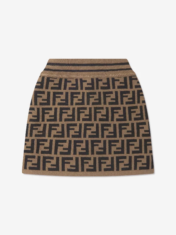 Fendi Girls FF Logo Knitted Skirt in Brown wool skirt sturdy
