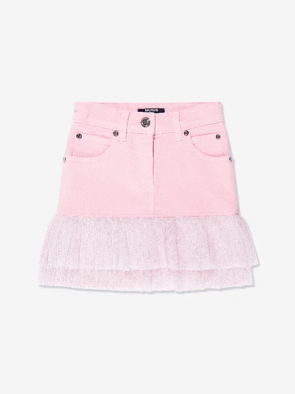 Balmain Girls Pleated Hem Skirt in Pink linen skirt natural