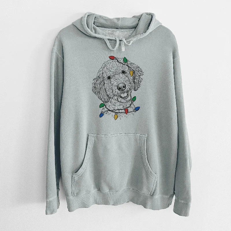 Christmas Lights Gizmo the Goldendoodle - Unisex Pigment Dyed Hoodie Hoodie with Print Artistic Unique Christmas Lights Gizmo the Goldendoodle - Unisex Pigment Dyed Hoodie Hoodie with Print Artistic Unique