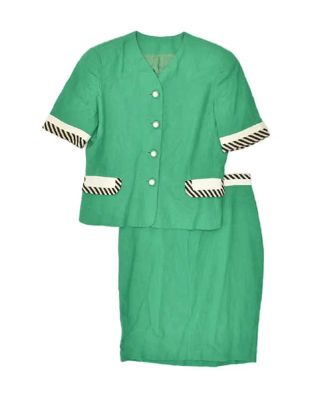 VINTAGE Womens 4 Button 2 Piece Skirt Set IT 44 Medium W28 Green Linen leather skirt refined VINTAGE Womens 4 Button 2 Piece Skirt Set IT 44 Medium W28 Green Linen leather skirt refined