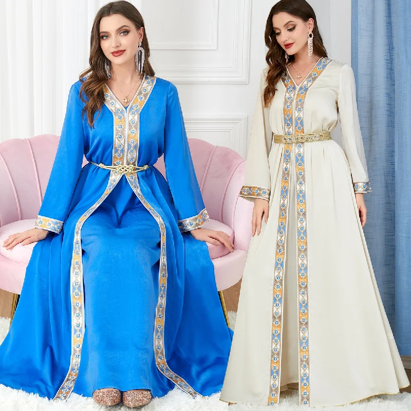 Women's Arabian Dress Slit V-neck Long-sleeved Two-piece Tunics Canvas sturdy