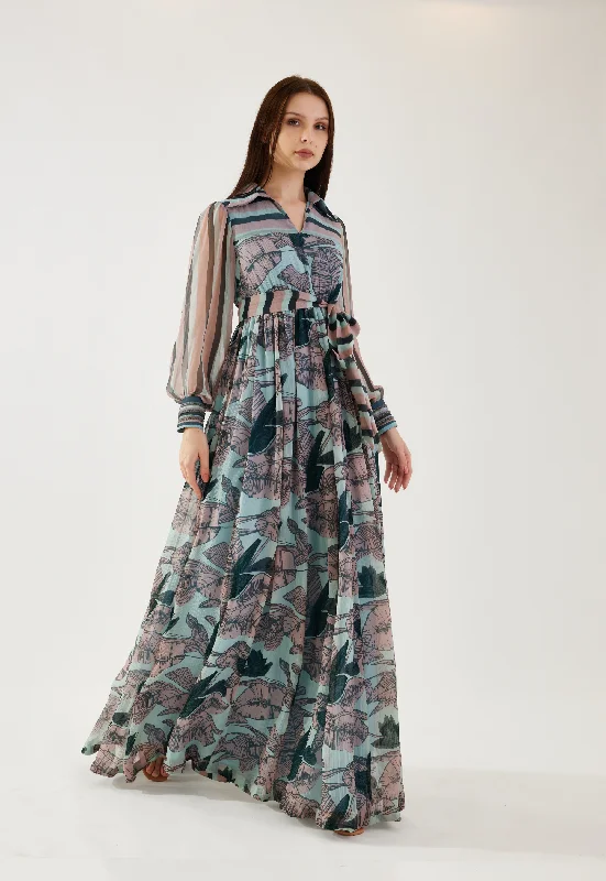 Sky blue, pink and green floral long dress Elegant Long Evening