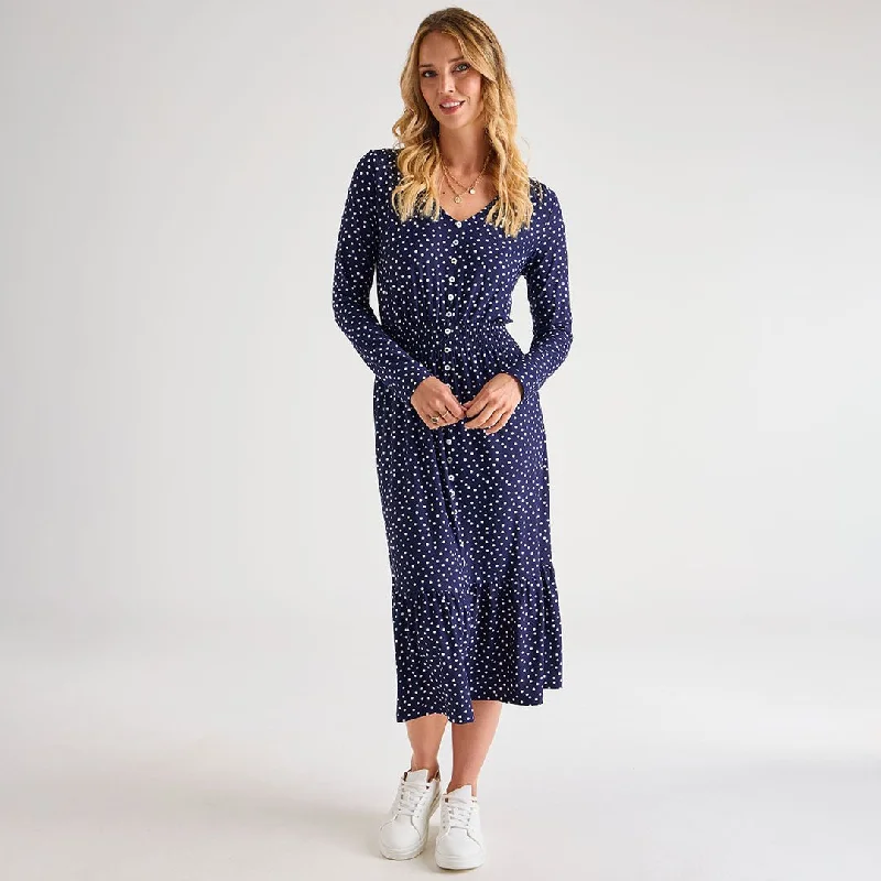 Ladies Polka Dot V Neck Button Dress Tunics Seasonal trendy