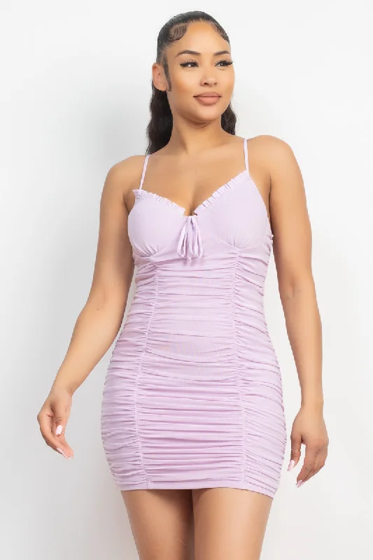 Shirred Bodycon Ruffled Trim Dress Crew Neckline Sporty